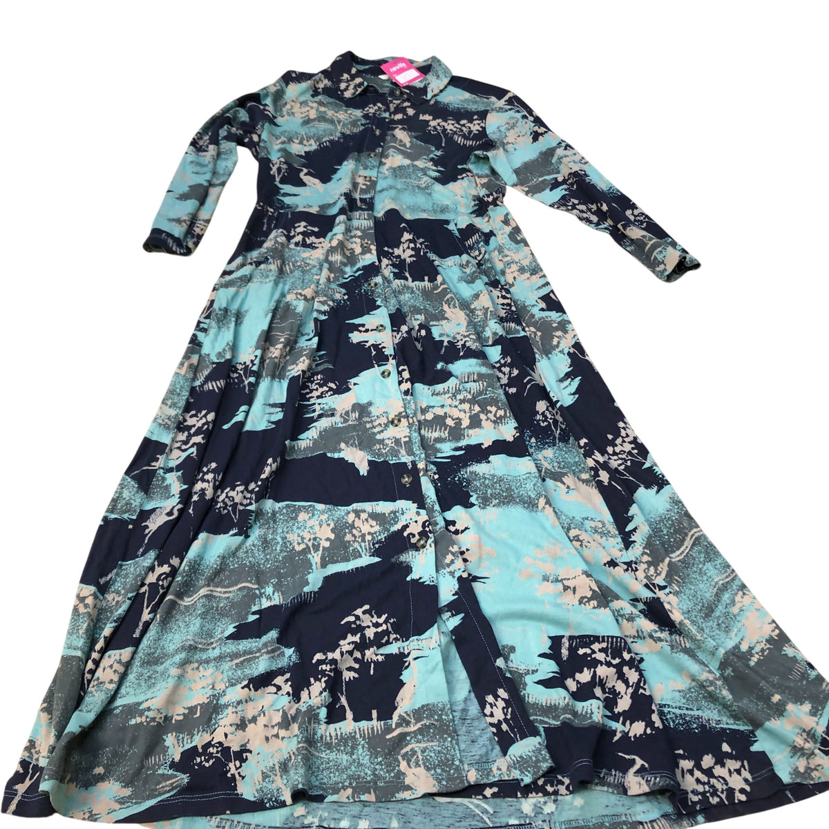 Maxi Dress Size UK10 Women's Floral Long Sleeve Button Front Blue