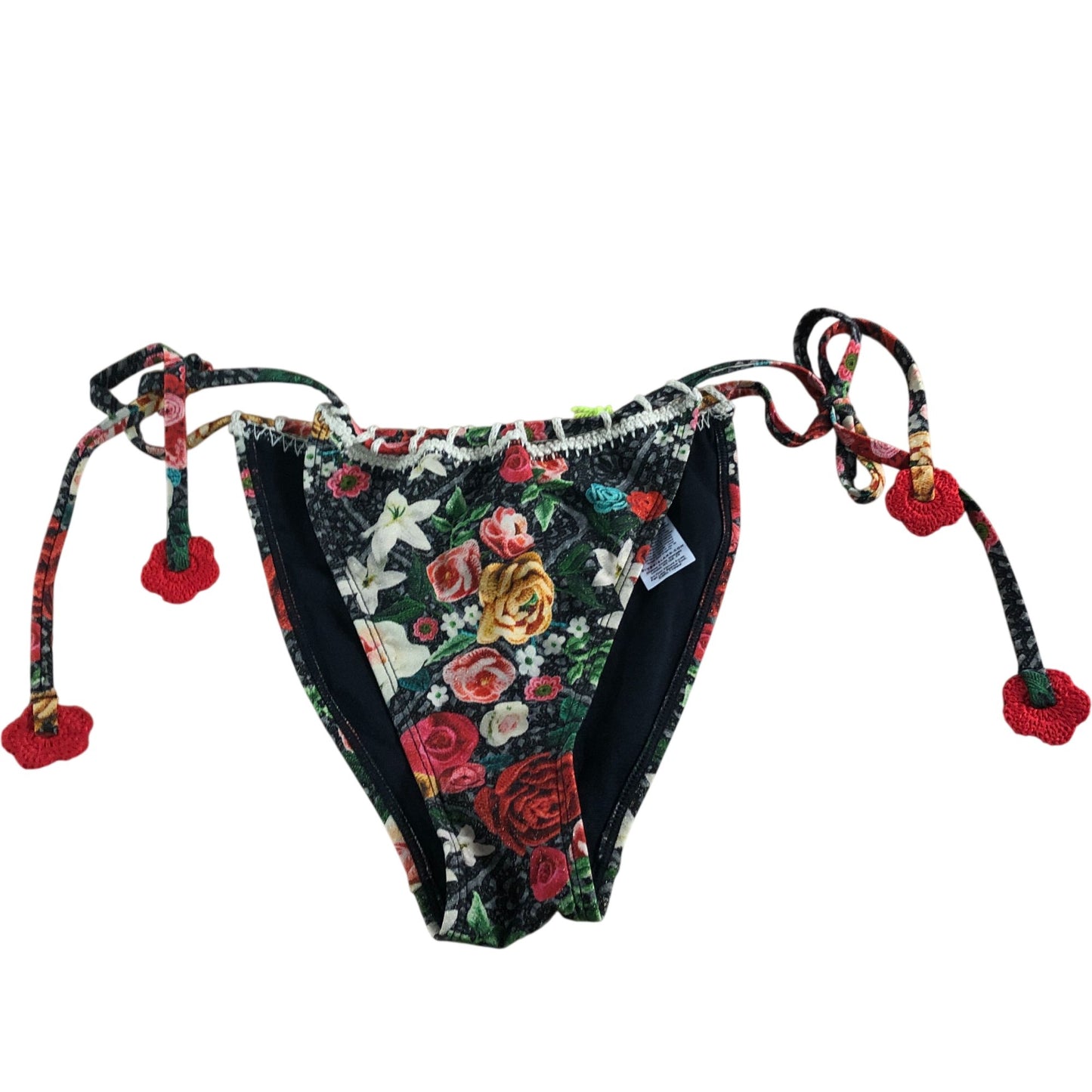 River Island UK12 Women's Black Roses Swim Briefs Black Embroidered Bow Tie Side