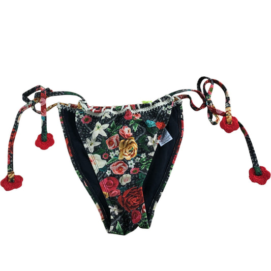 River Island UK12 Women's Black Roses Swim Briefs Black Embroidered Bow Tie Side