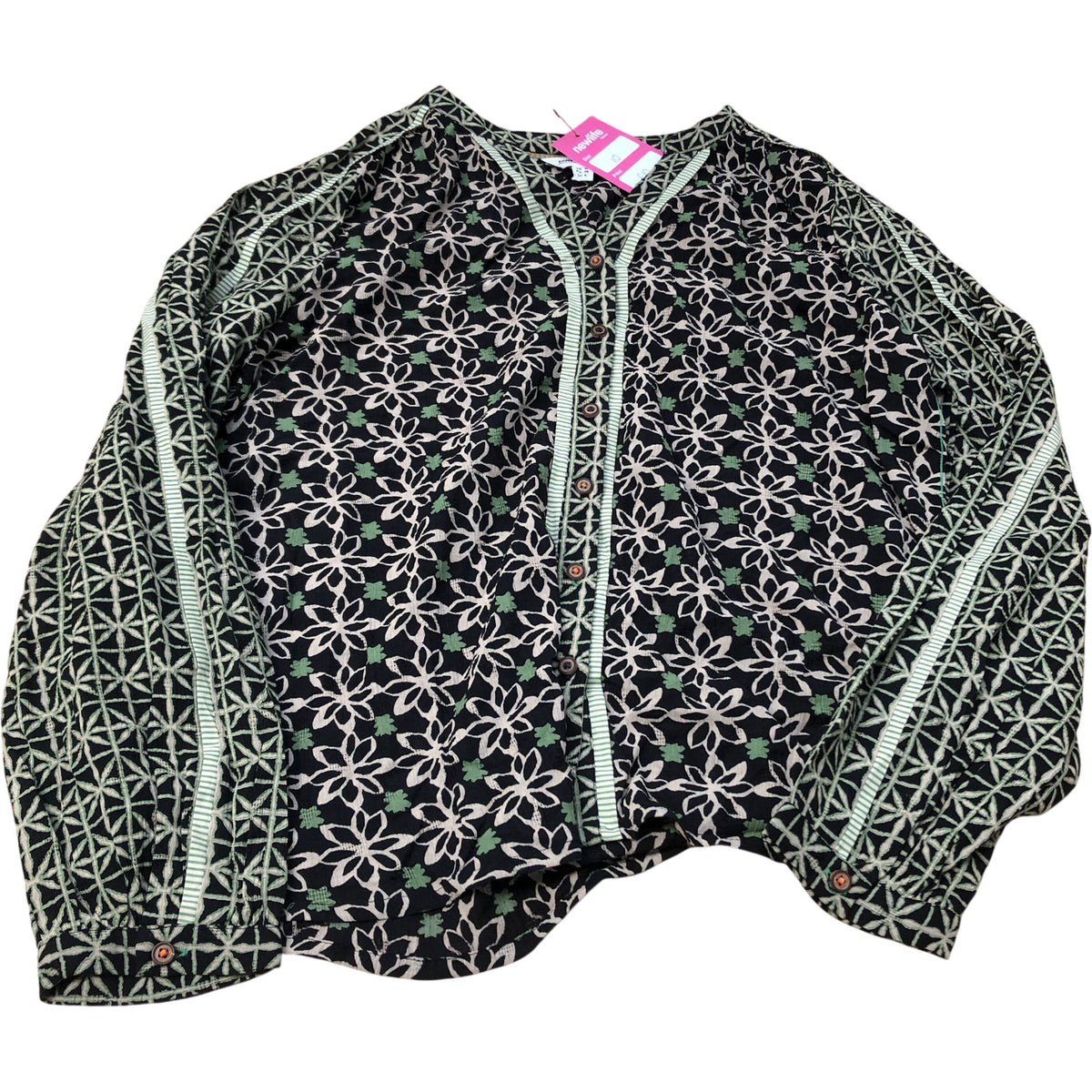 Floral Print Blouse UK10 Women's Long Sleeve Viscose Black Green