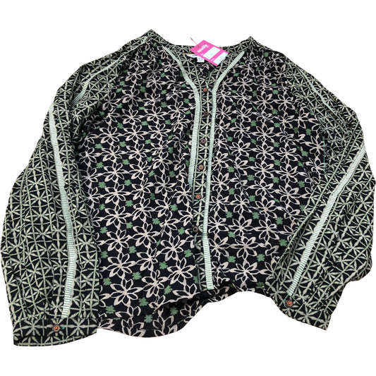 Floral Print Blouse UK10 Women's Long Sleeve Viscose Black Green