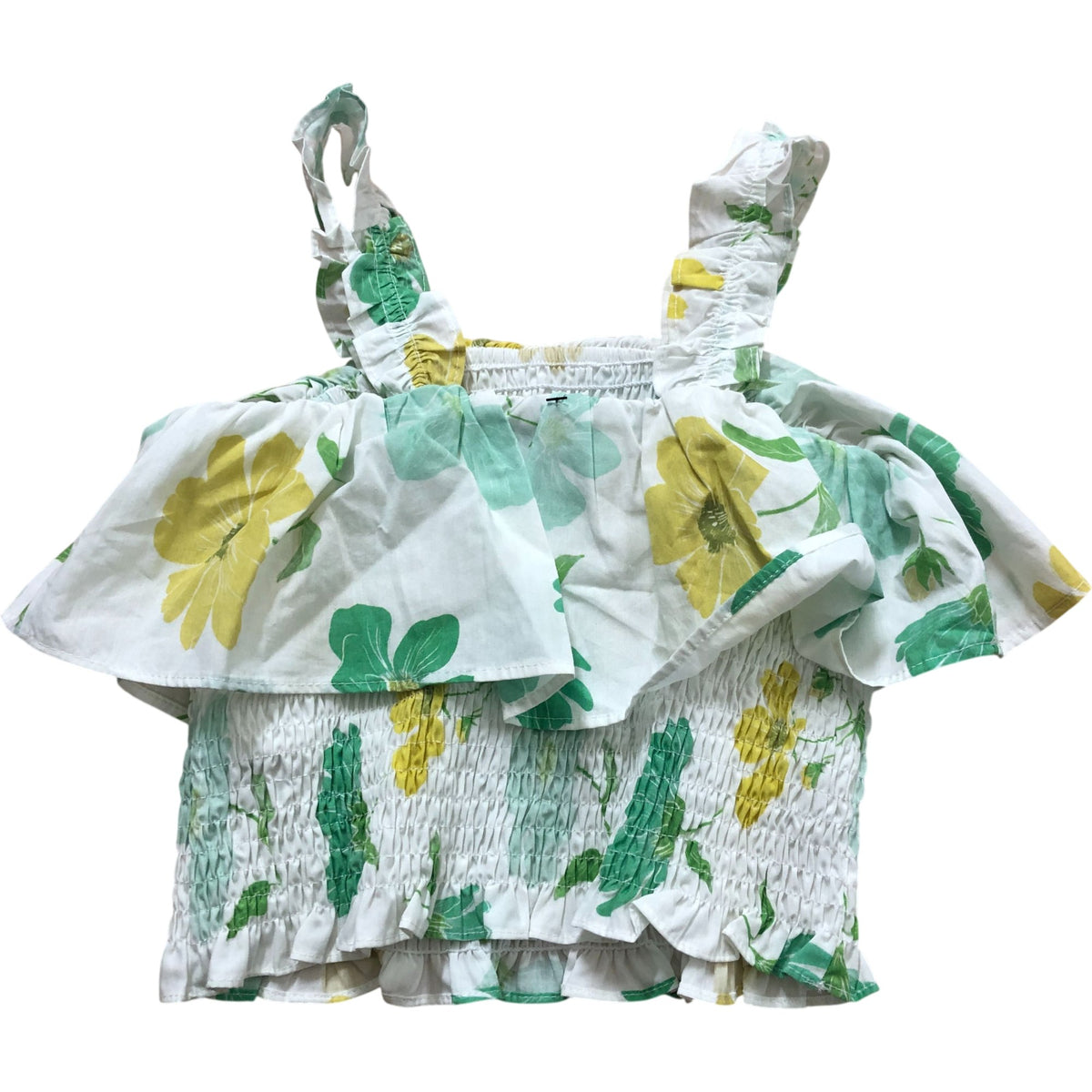 Zara Girls Floral Crop Top 6-7 Years Green Yellow Floral Print Cotton Ruffle