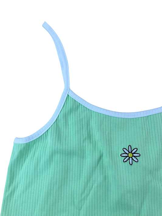 RIVER ISLAND Girls Cropped Tank Top UK13-14 Light Green Daisy Detail Fashion