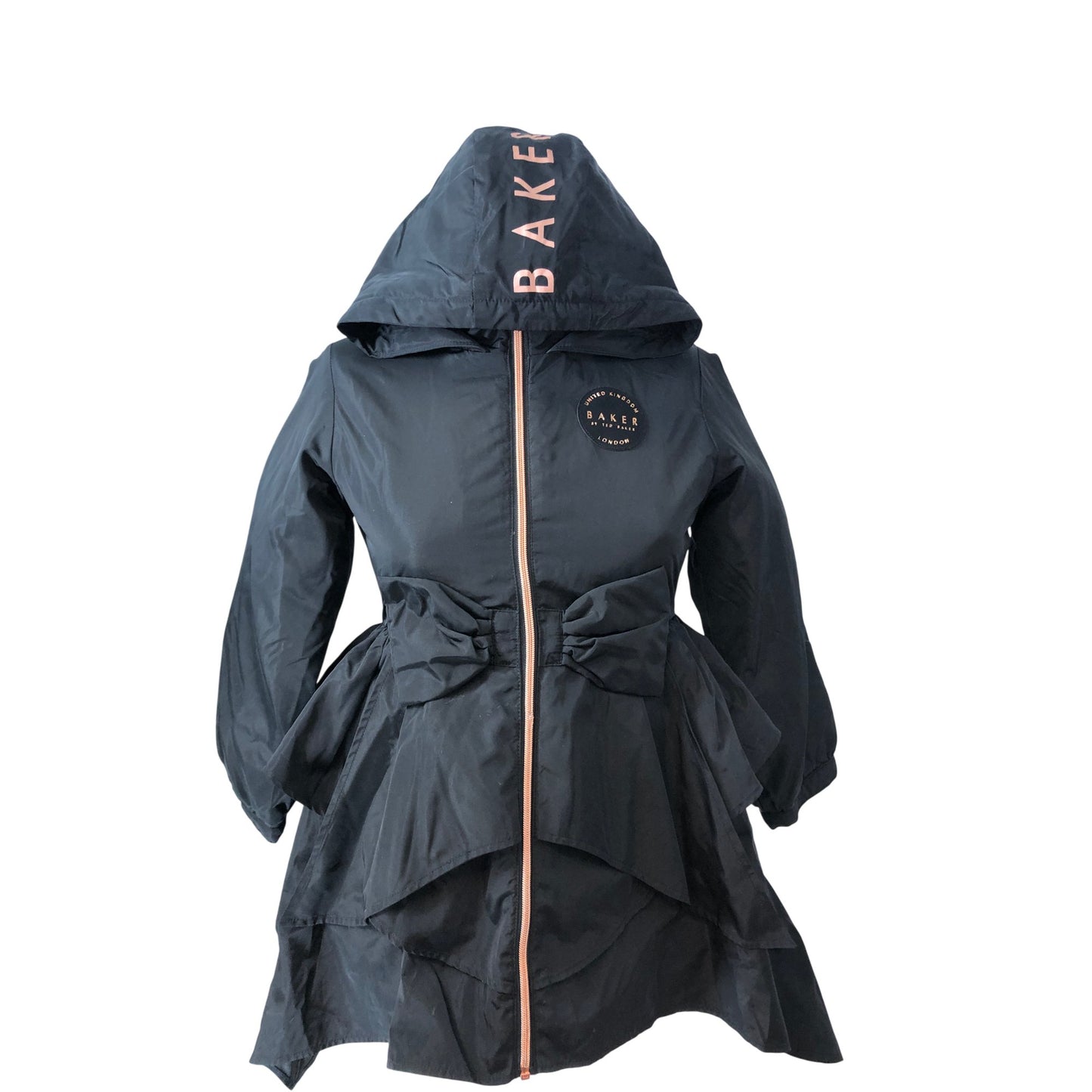 Baker By Ted Baker Girls Black Hooded Coat Size 8 Years Bow Detail