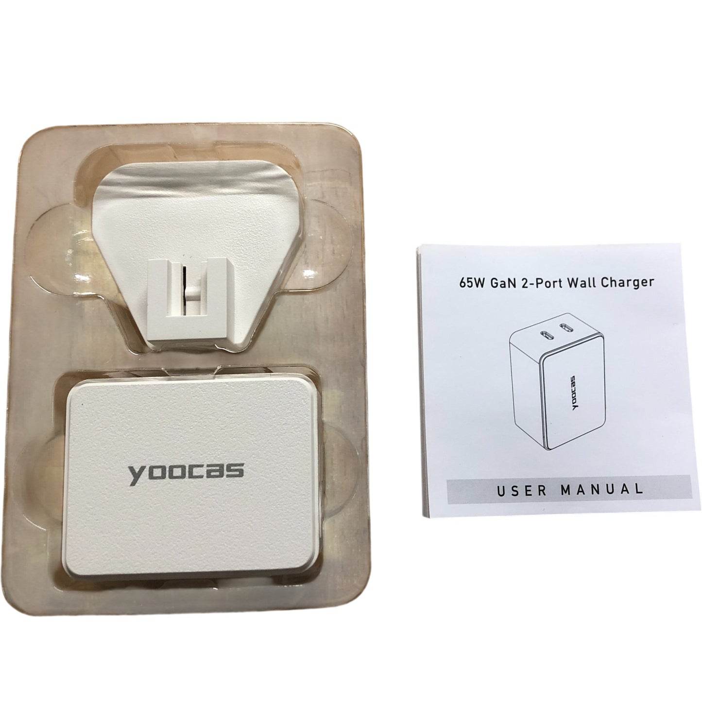 Yoocas White 65W GaN 2 Port Wall Charger USB C Fast Charger Compact Design