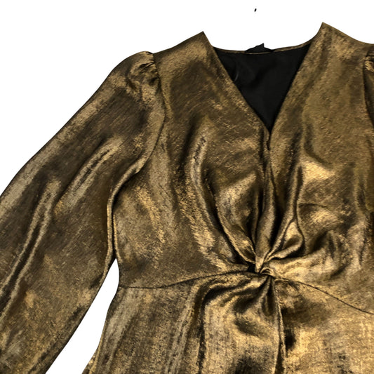 River Island Women's Metallic Gold Wrap Front Long Sleeve Dress