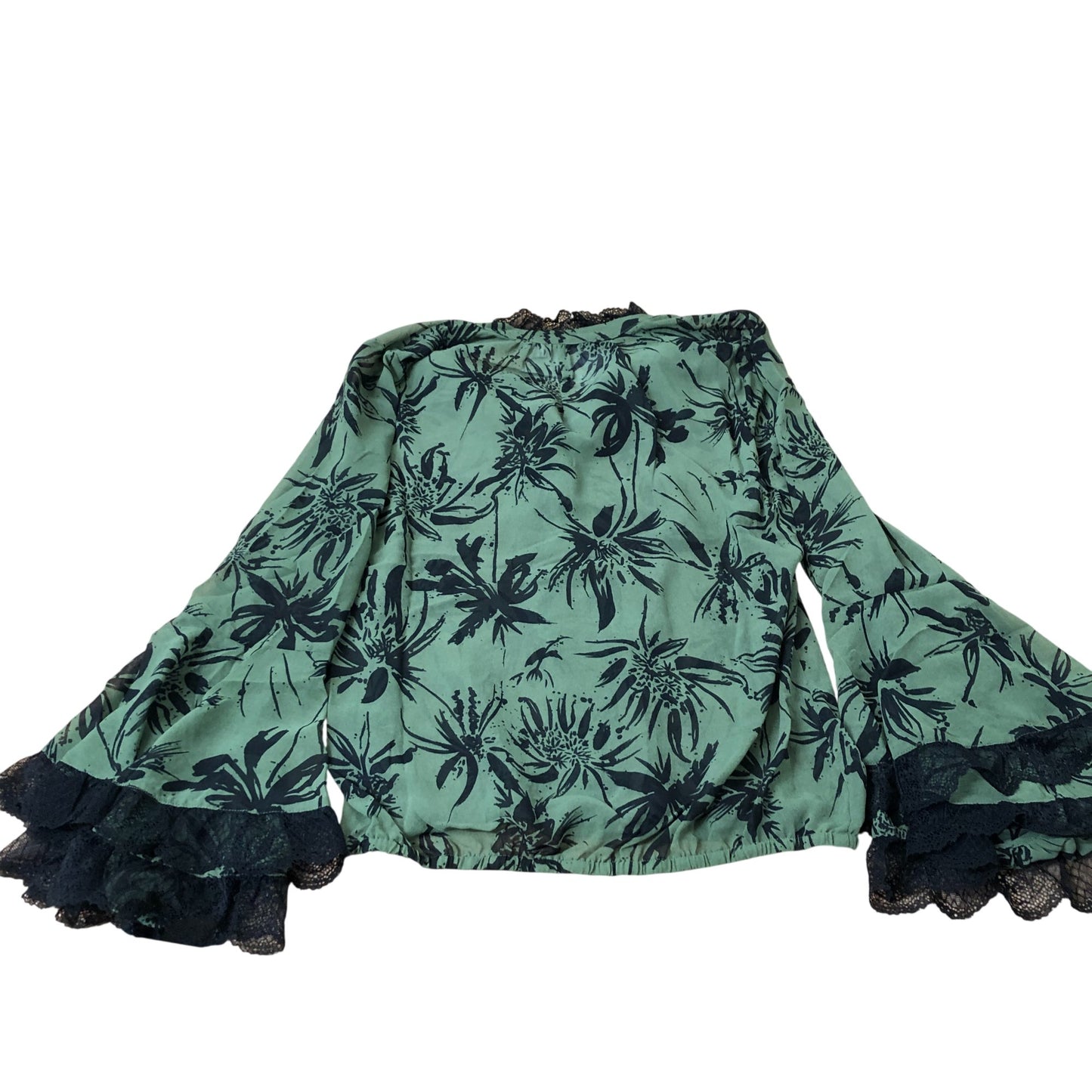 Branded Green Floral Lace Trim Blouse Women's Casual Long Sleeve Top UK6