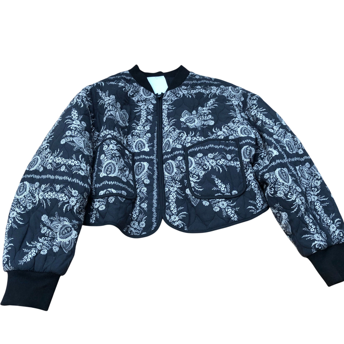 Floral Cropped Bomber Jacket Women's Black Quilted UK18