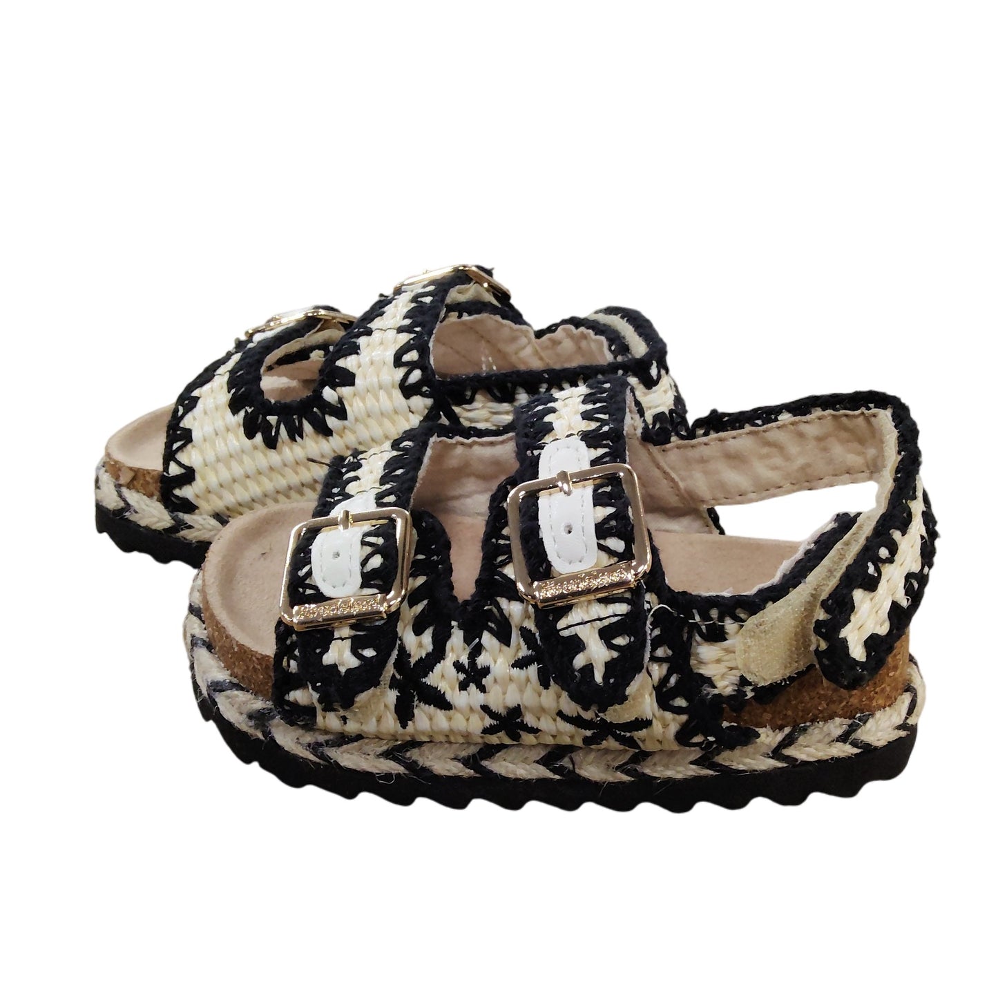 River Island Double Buckle Sandals Kids Size 6 Woven Platform Black White