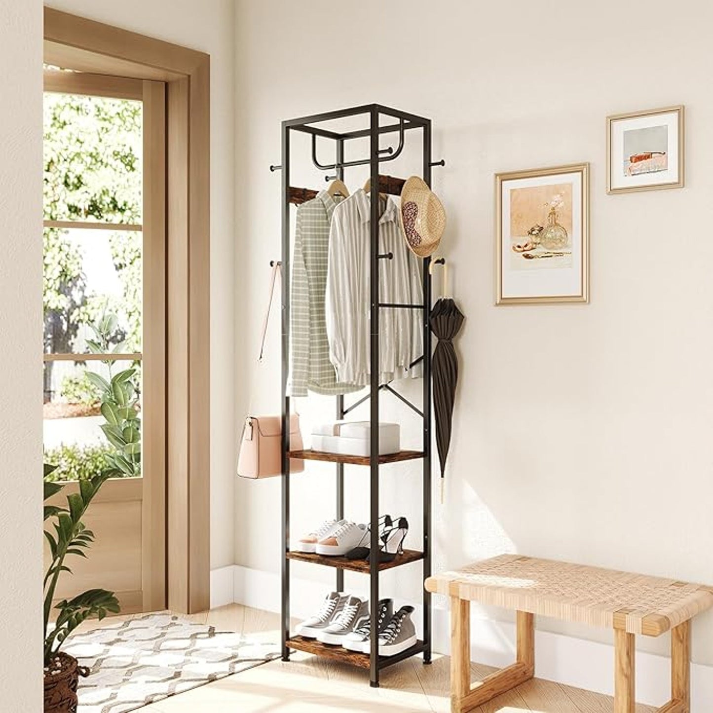 ELYKEN Coat Rack Freestanding, Hall Tree with 3 Storage Shelves and 12 Hooks