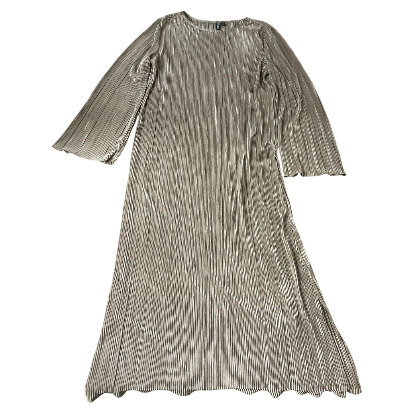 Pieces Pleated Plisse Maxi Dress XL Women's Long Sleeve Side Splits Stone
