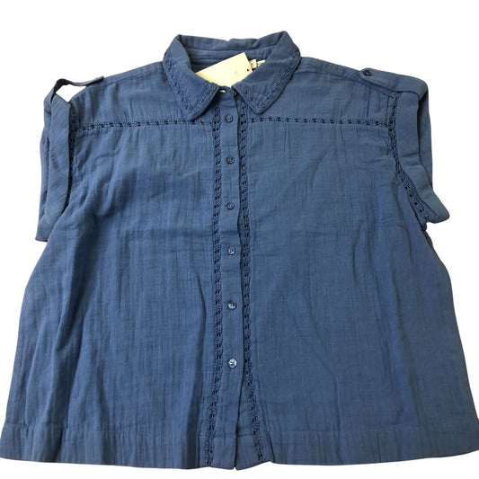 Blue Cotton Blouse Women's Short Sleeve Lace Detail Medium