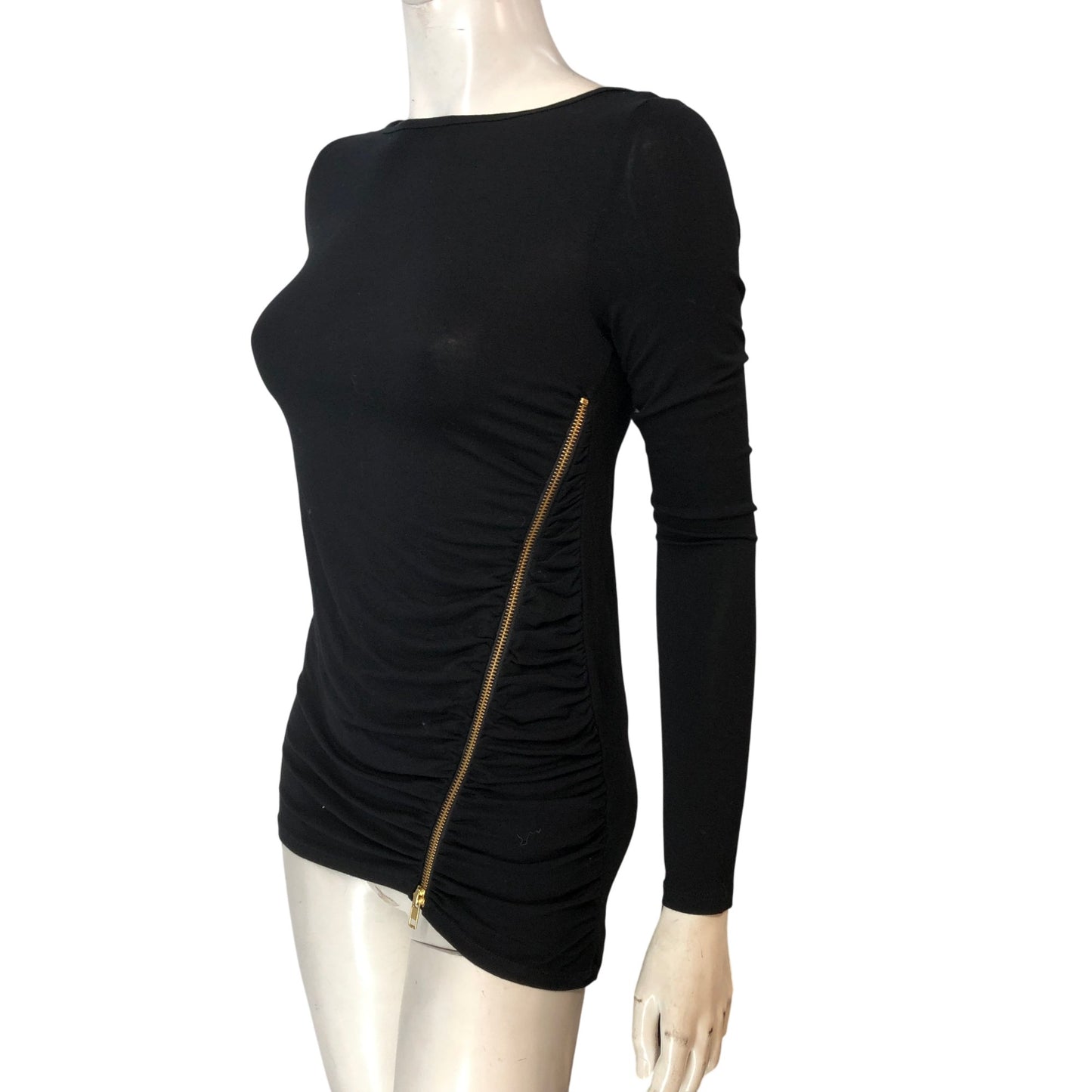 Branded Long Sleeve Zip Detail Top UK 8 Women's Black Ruched Stretch Jersey