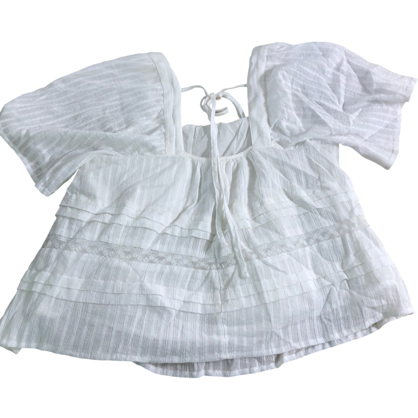 River Island UK8 Women's White Pleated Blouse Cotton Lace Trim Short Sleeve