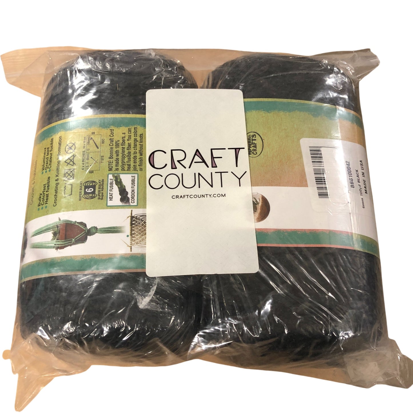 Bonnie Craft Cord 6mm 100yd Black Super Bulky Heat Fusible for Crafts 2 Pack