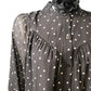 Polka Dot Blouse UK12 Women's Sheer Long Sleeve Black Top with Scarf