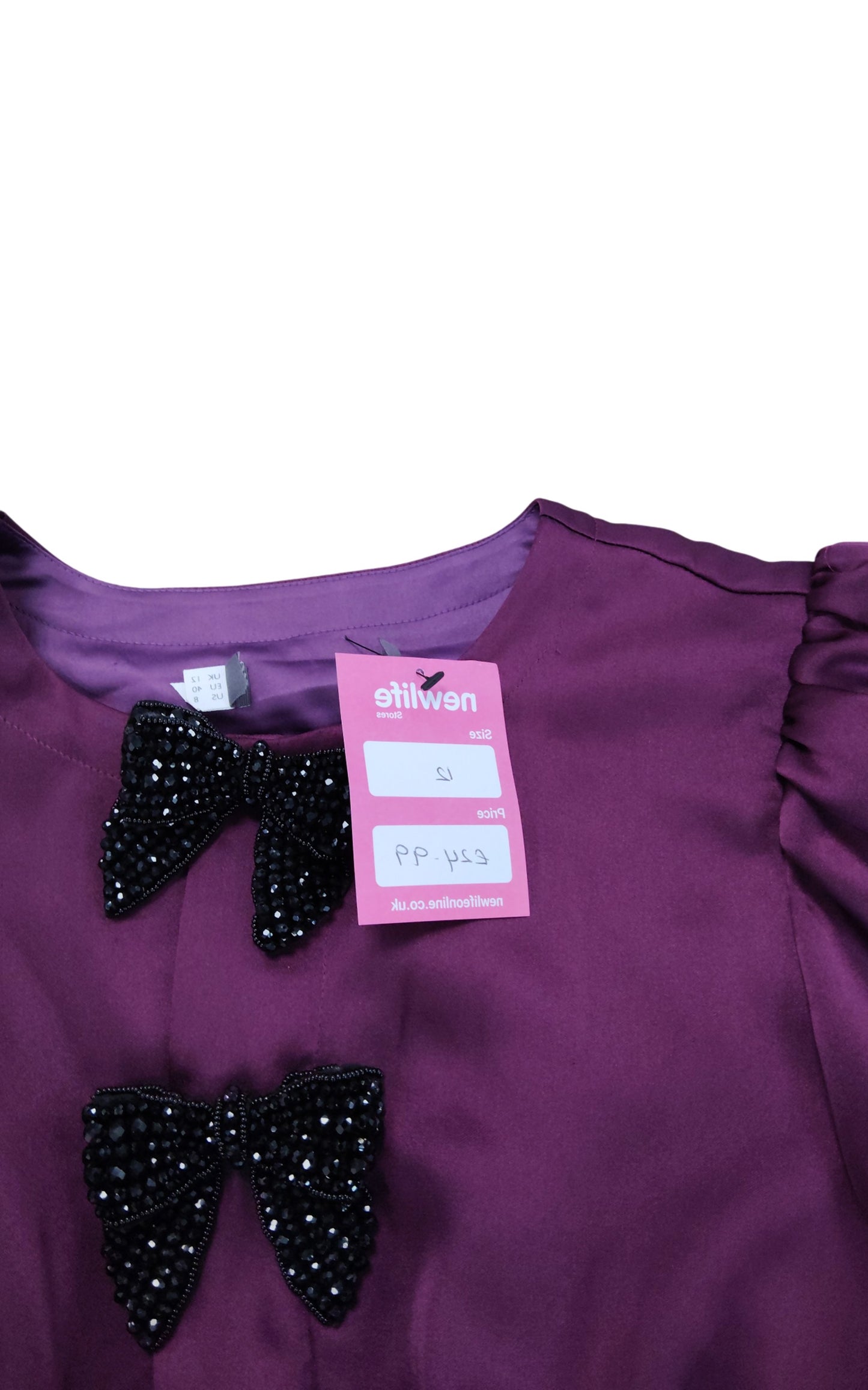 Purple Satin Blouse UK12 Women's Puff Sleeve Beaded Bow Detail Top