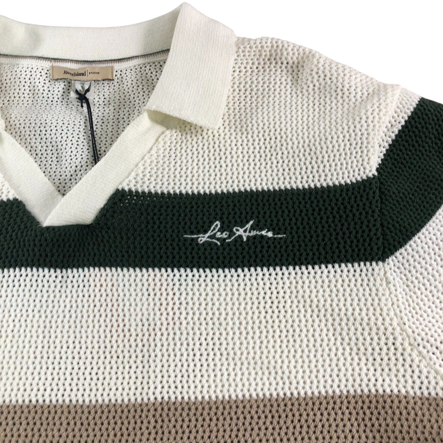 River Island Stripe Polo Shirt Size S Men's Casual Green Cream Cotton Knit