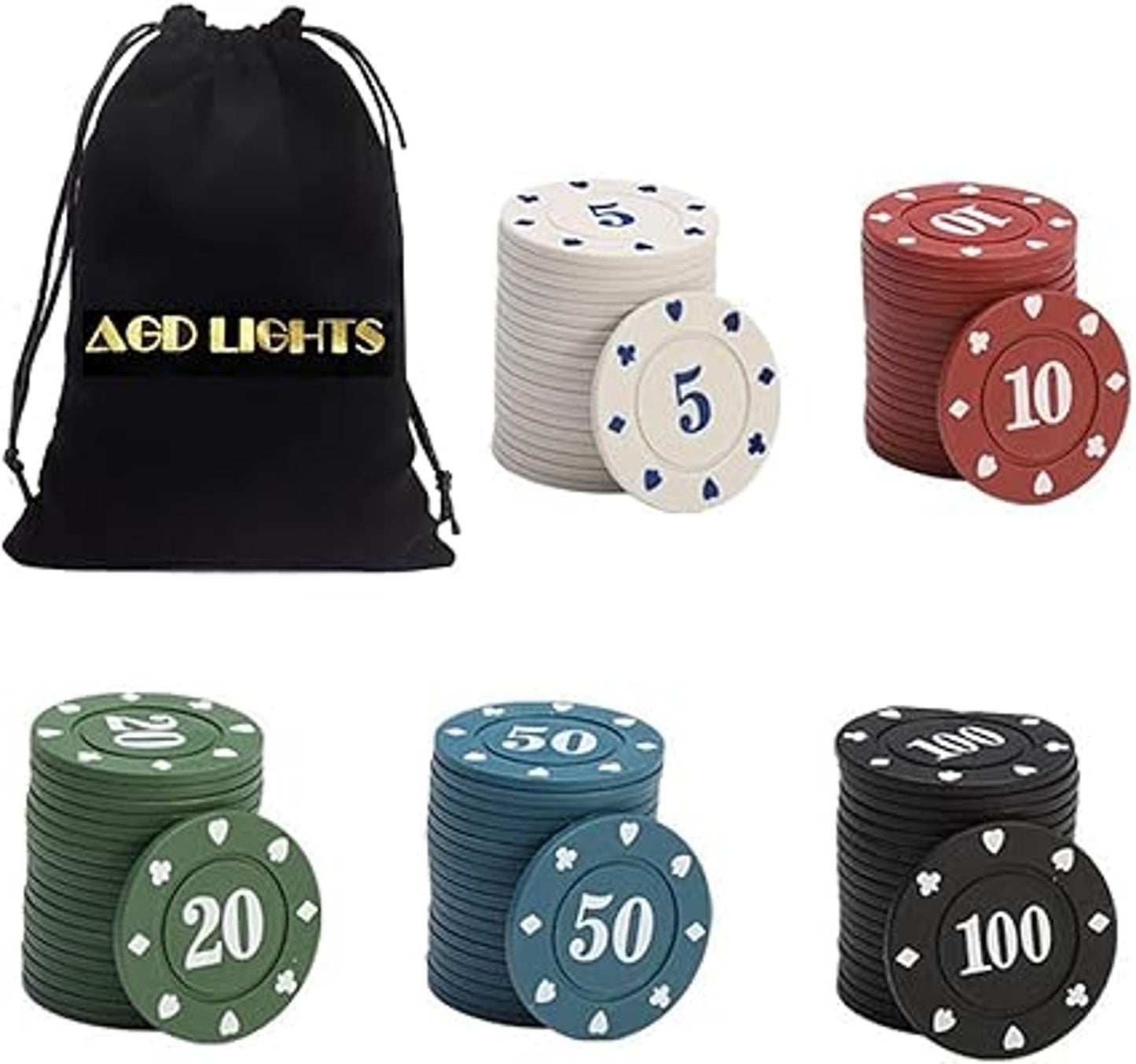 AGD Lights Poker Chip Set 100Pcs Premium Quality Gaming Chips Bundle