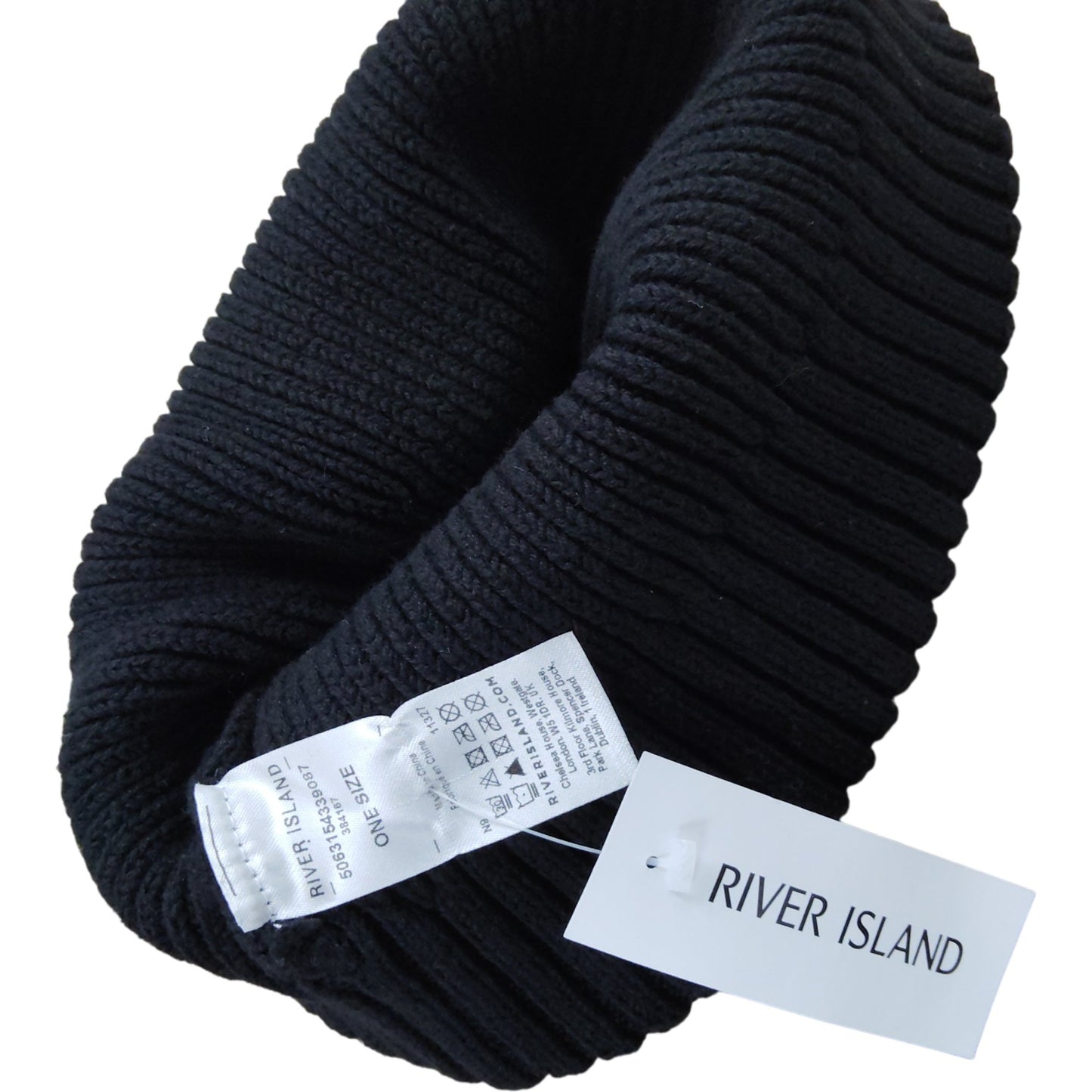 River Island Black Ribbed Beanie Hat One Size Unisex Warm Winter Fashion
