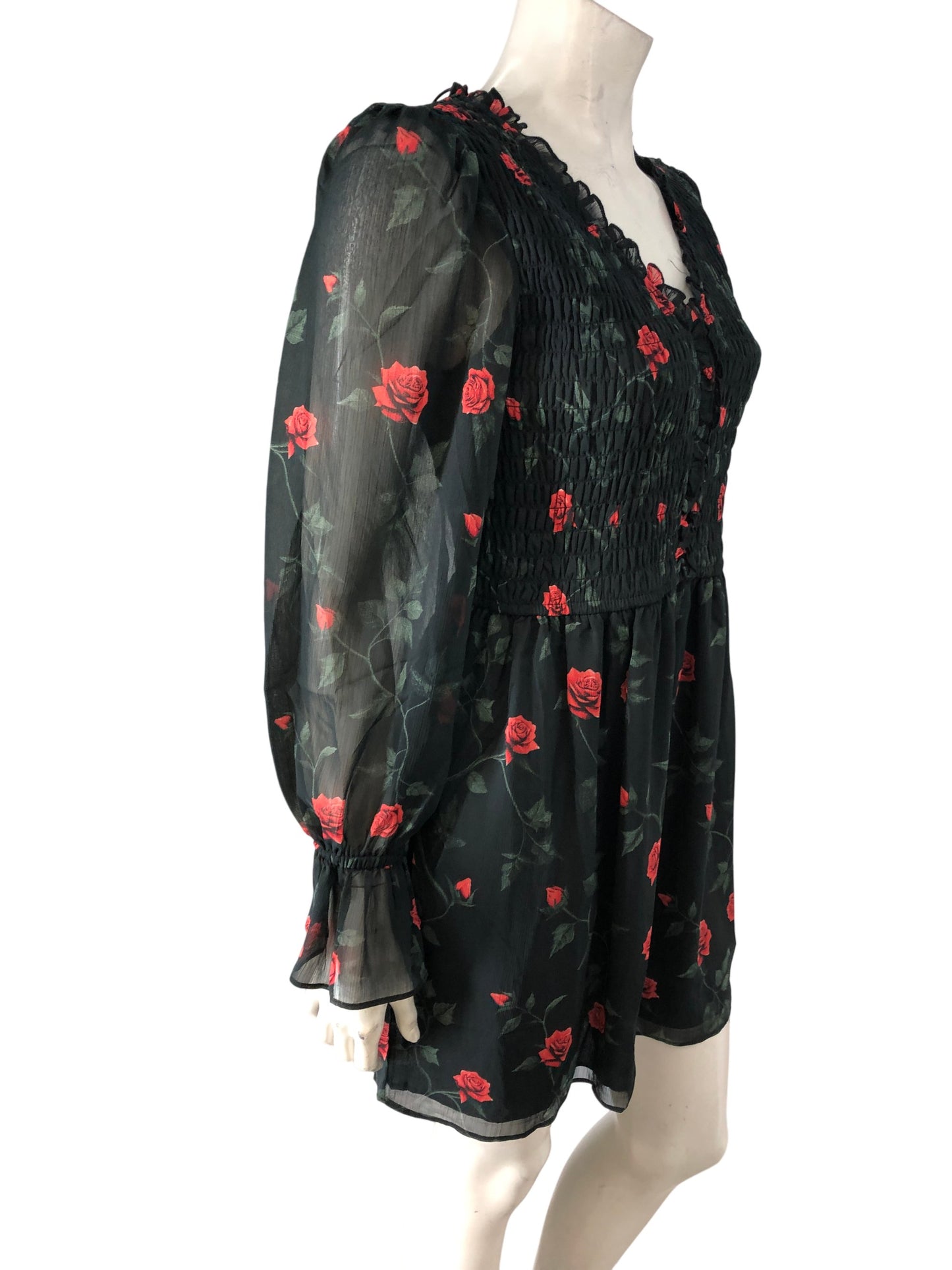 Floral Smock Dress Women's Long Sleeve UK Size 10 Black Green Red Flowers