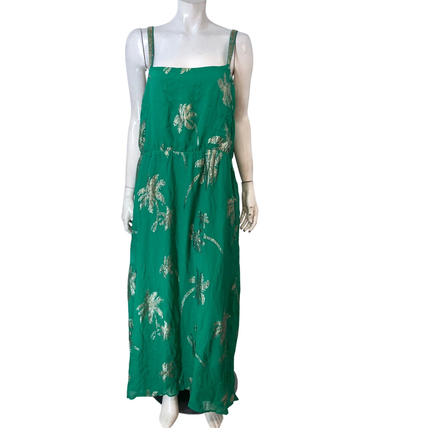 Love And Roses Maxi Dress UK18 Women's Green Palm Print With Beaded Straps