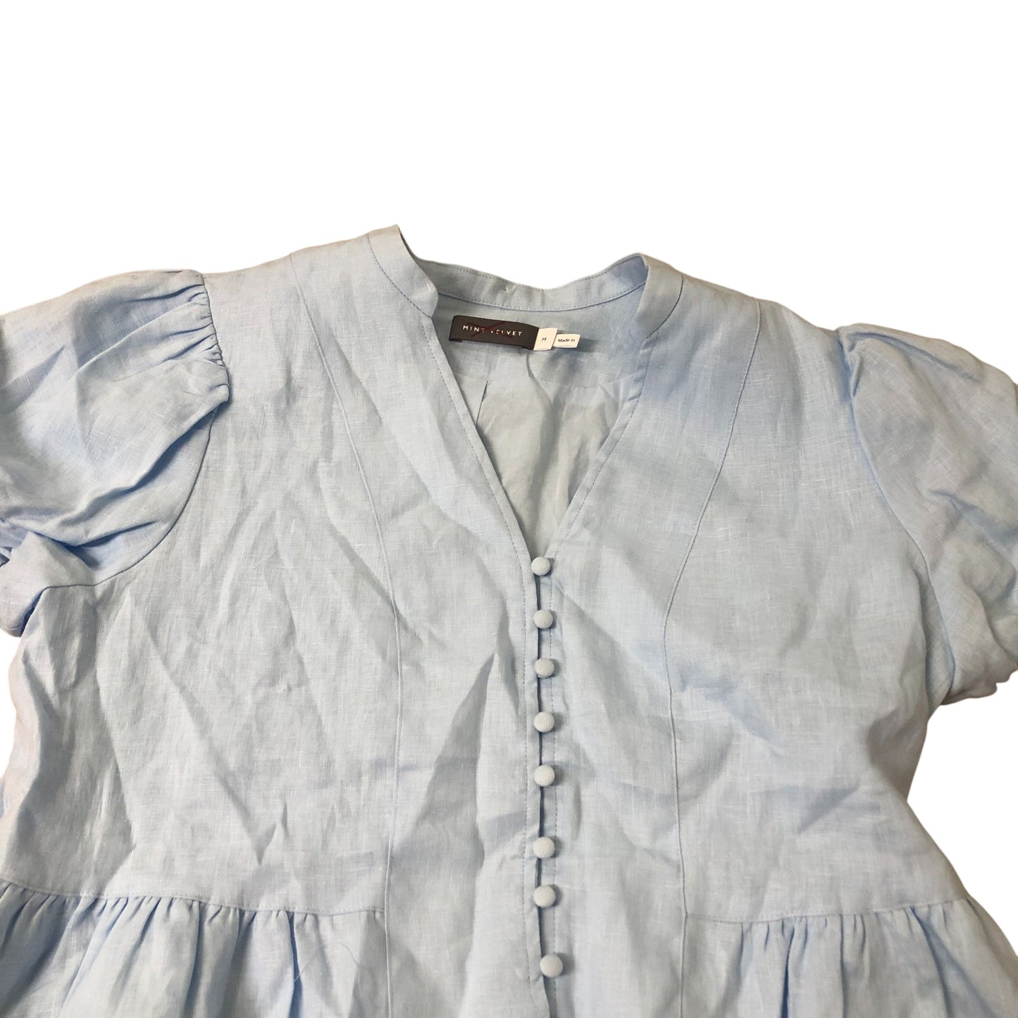 Short Sleeve Peplum Blouse Women's Light Blue Linen Button-Up Medium