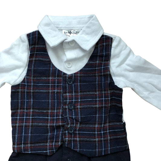 So Cute 62cm Baby Boys Outfit 0-3 Months Navy Blue Check Romper Set