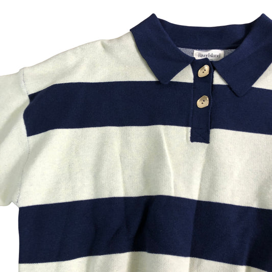 River Island Cropped Polo Top Women's Large Blue Stripe Casual Fashion