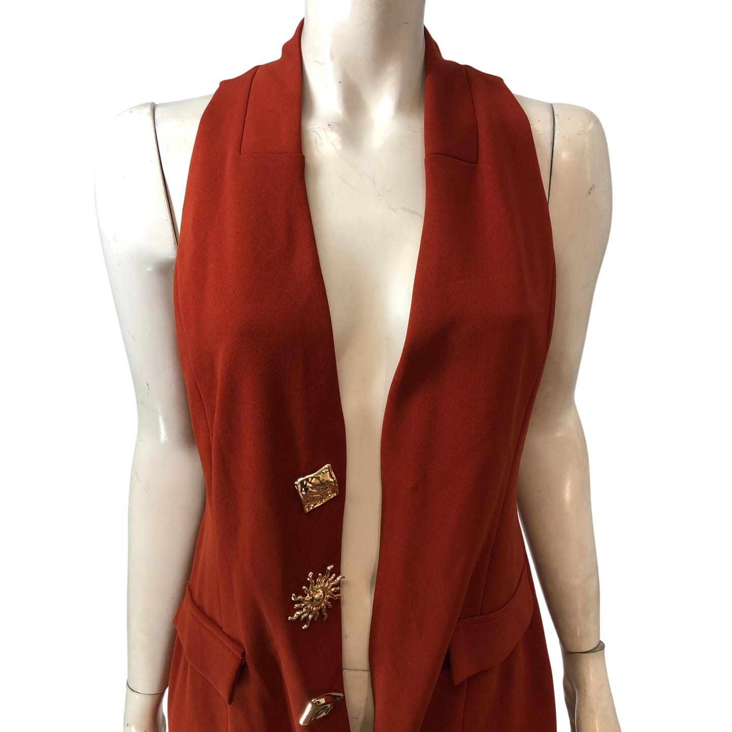 River Island Rust Sleeveless Dress UK 12 Women's Stylish V Neck With Buttons