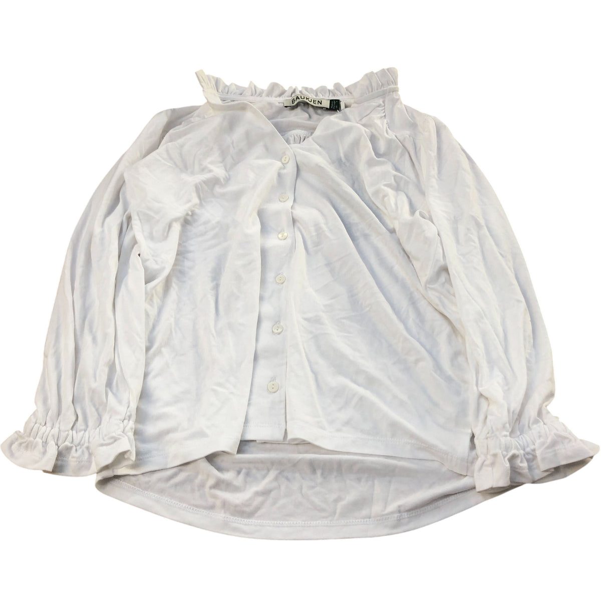 Baukjen Ruffled White Blouse Size 6 Women's Button Front 95 Viscose 5 Elastane