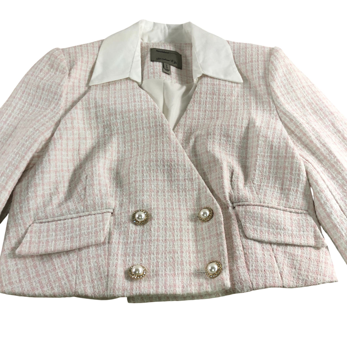 River Island Cropped Blazer Jacket UK8 Women's White Pink Tweed Double Breasted