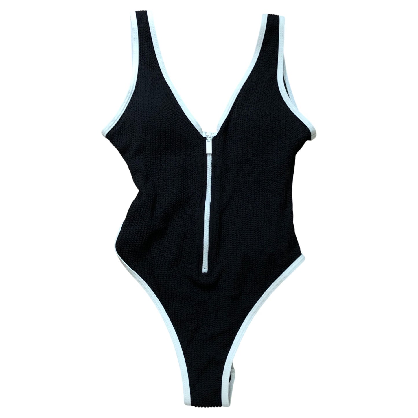 River Island Poolside Swimsuit Women's Black Zip Front White Trim Size 14