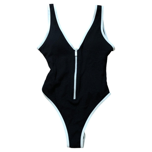 River Island Poolside Swimsuit Women's Black Zip Front White Trim Size 14