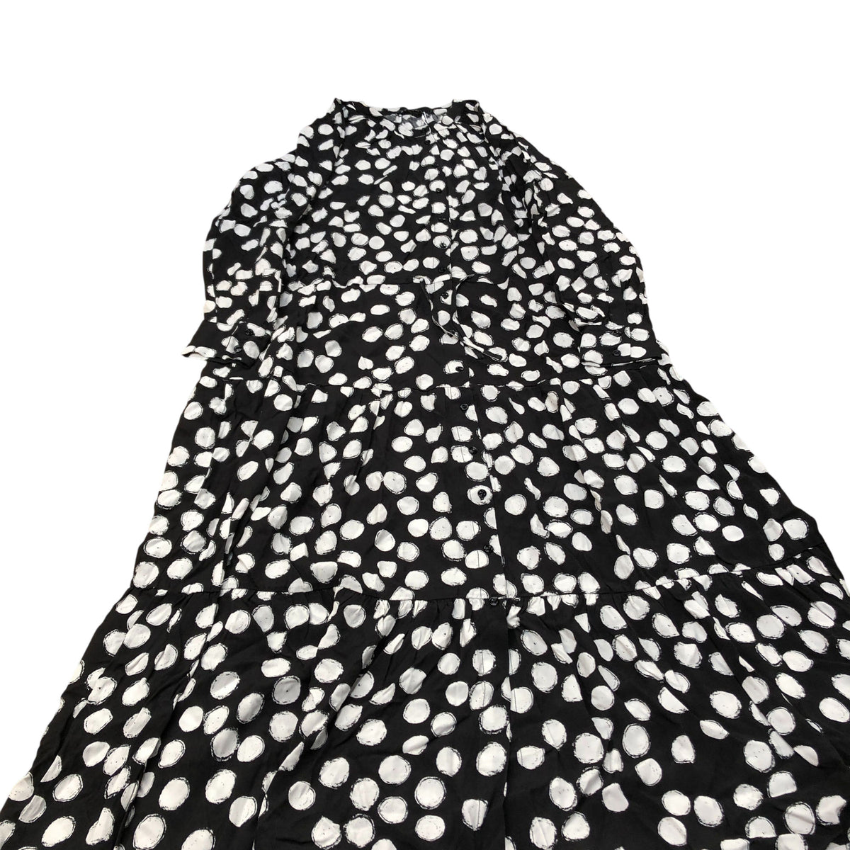 Baukjen Black White Polka Dot Dress UK Size 14 Women's Tiered Long Sleeve