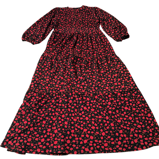 Floral Print Maxi Dress Red Black Long Sleeve UK16