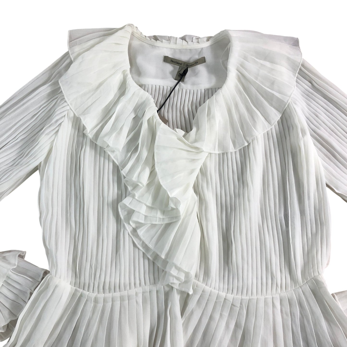 River Island UK8 Women's White Ruffled Blouse Long Sleeve Pleated Top