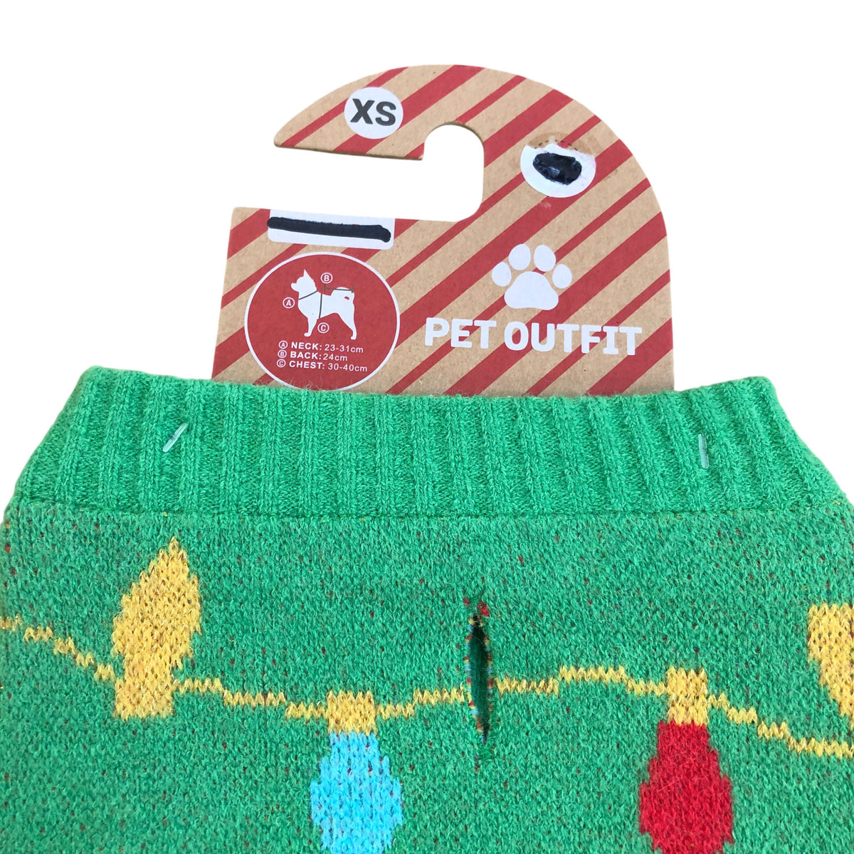 Green Christmas Dog Sweater String Lights Detail XS
