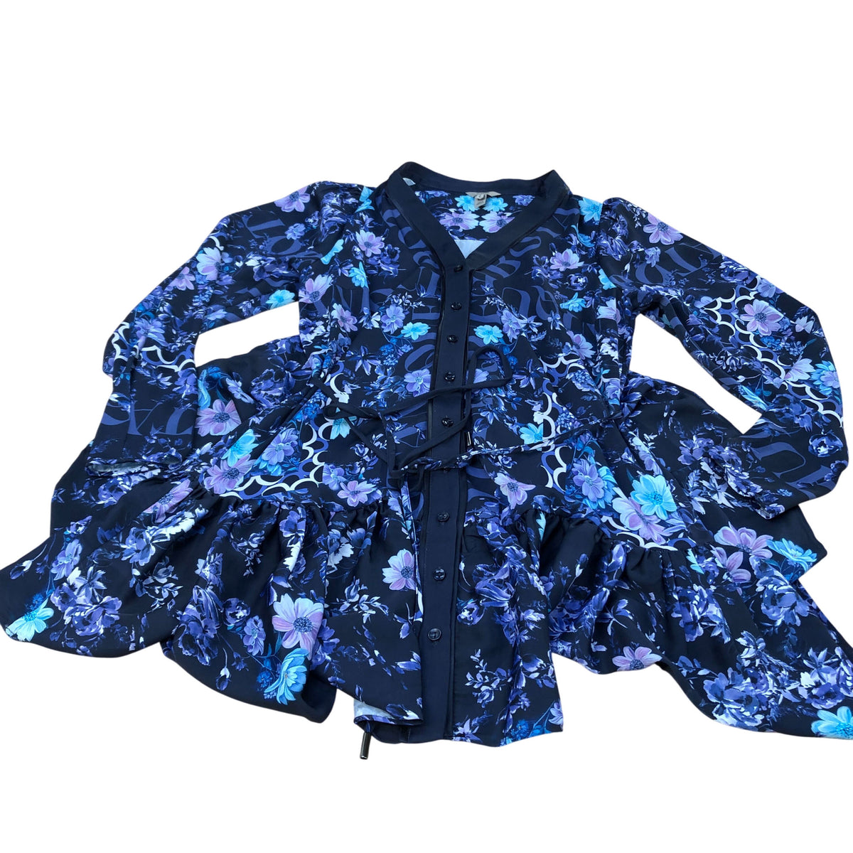 River Island Women's Floral Print Long Sleeve Dress Size 8 Navy Blue Ruffle Hem