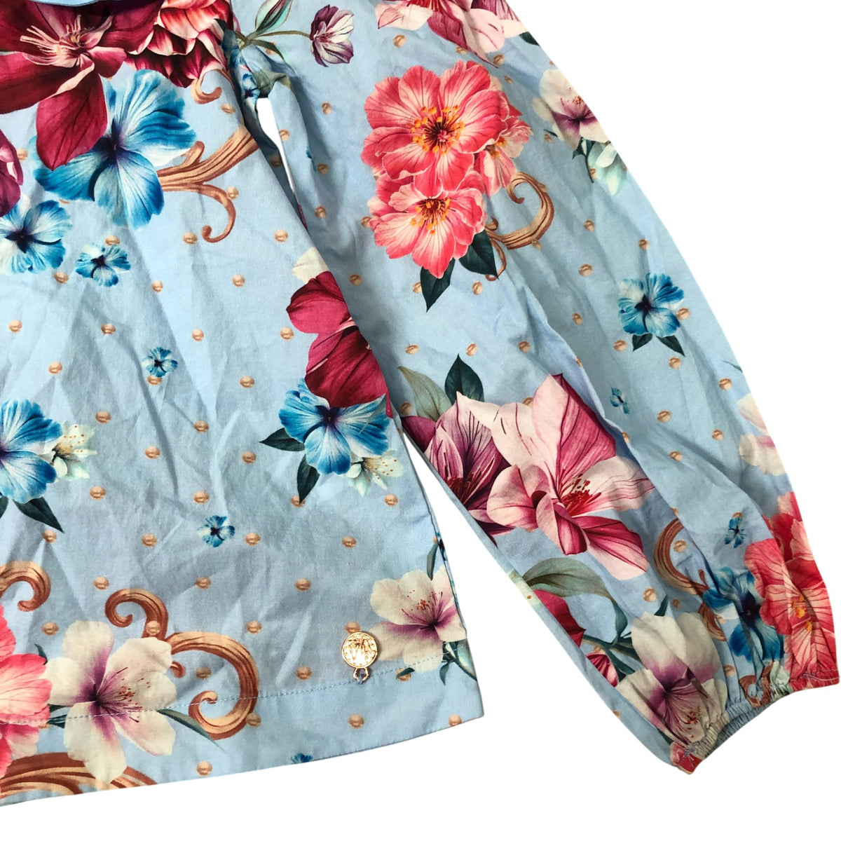 Floral Blouse 10Y Girls Long Sleeve Blue Cotton Floral Design