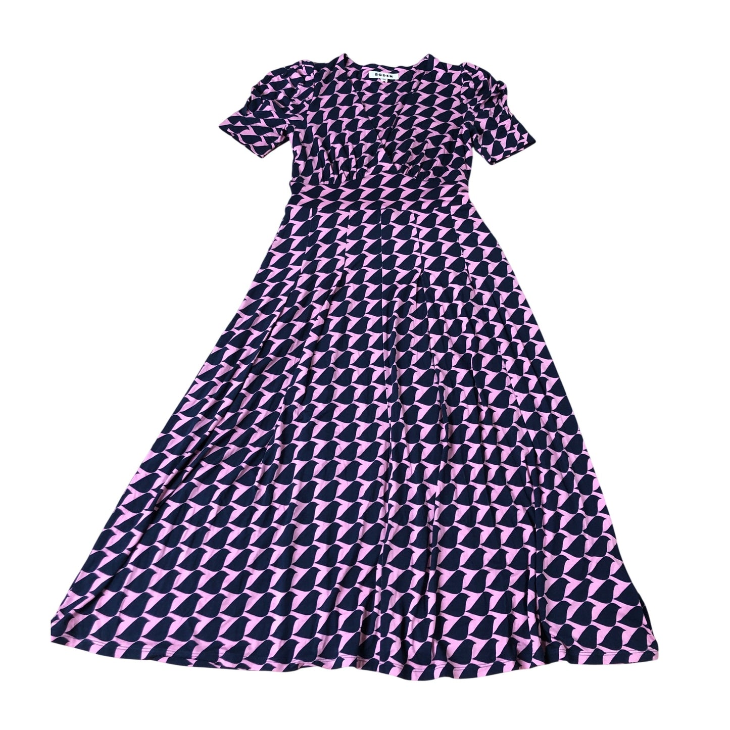 Boden Women's Midi Dress Pink Navy Geometric Bird Pattern Short Sleeve Size 8