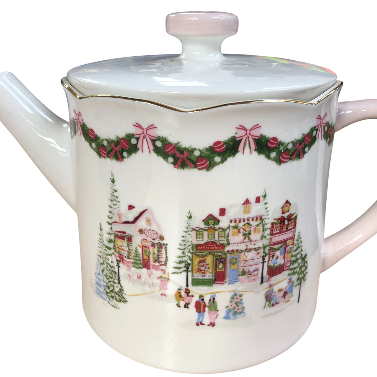 Vintage Style Christmas Village Themed Gold Trim Ceramic Teapot