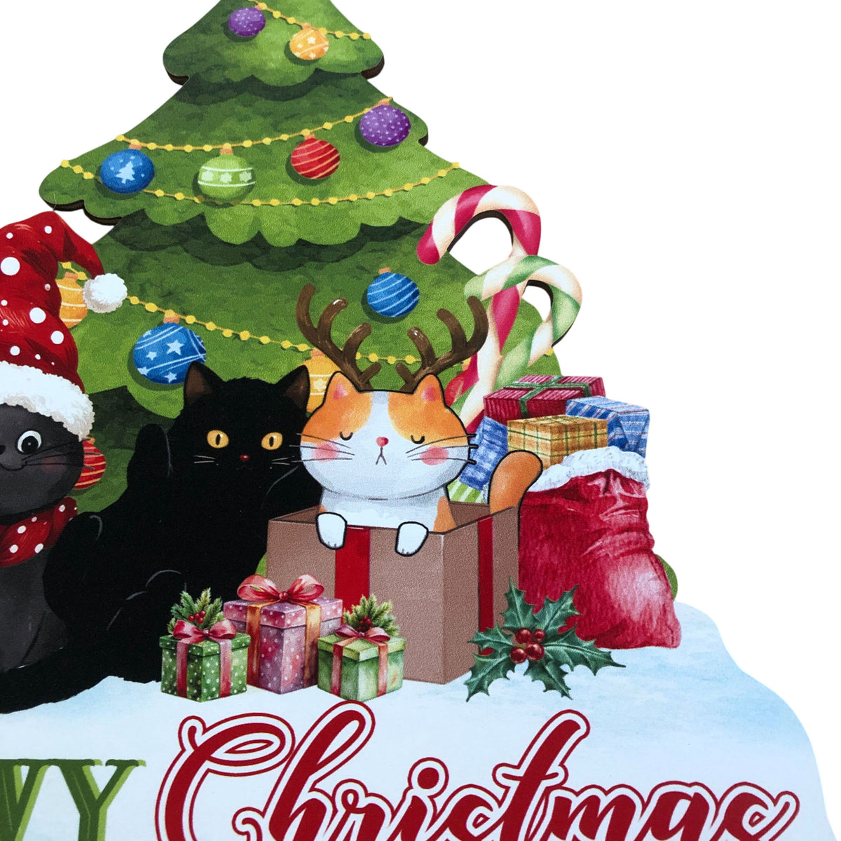 Meowy Christmas Cat Wall Décor Festive Wooden Plaque Holiday Sign