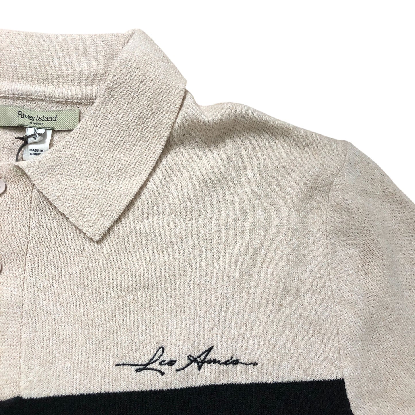 River Island Men's Short Sleeve Polo Shirt Size M Beige Green Stripes