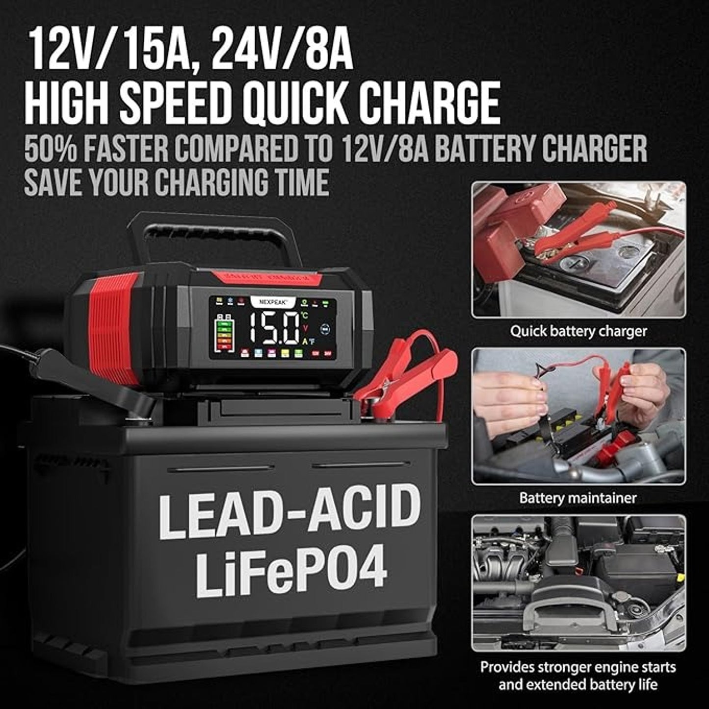 15Amp Car Battery Charger, NEXPEAK NC315 12V 15A/24V 8A Smart Charger Battery