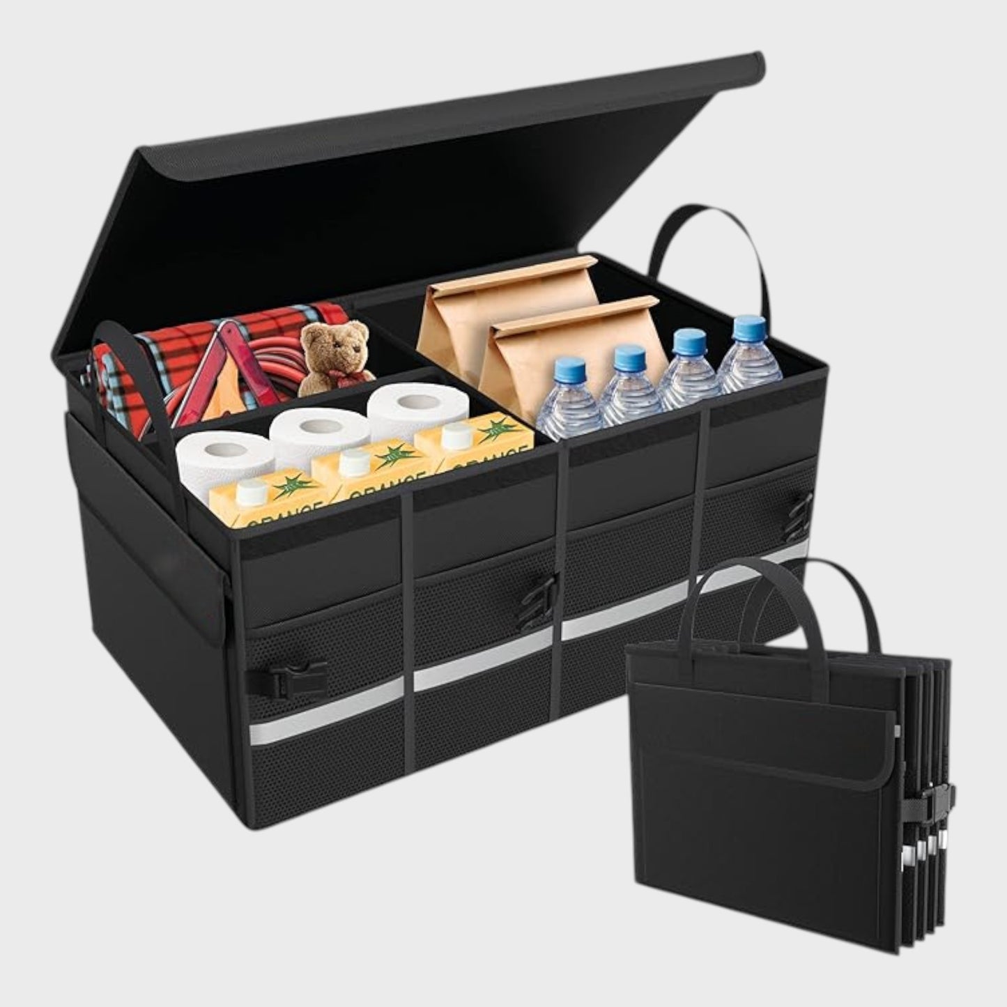 DELROI Large Car Boot Organiser With Lid Cover Multi-Compartment Black