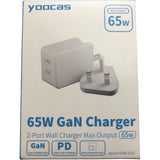 Yoocas White 65W GaN 2 Port Wall Charger USB C Fast Charger Compact Design