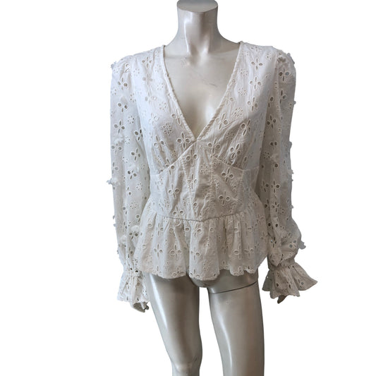 River Island UK12 Women's White Floral Embroidered Peplum Blouse Top