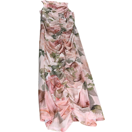 River Island Beige Mesh Floral Ruched Bodycon Midi Dress - Size 6