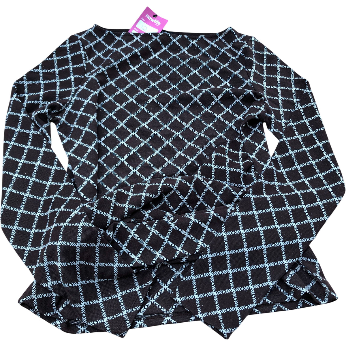 River Island Long Sleeve Blouse UK12 Women's Brown Diamond Pattern Polyester Top